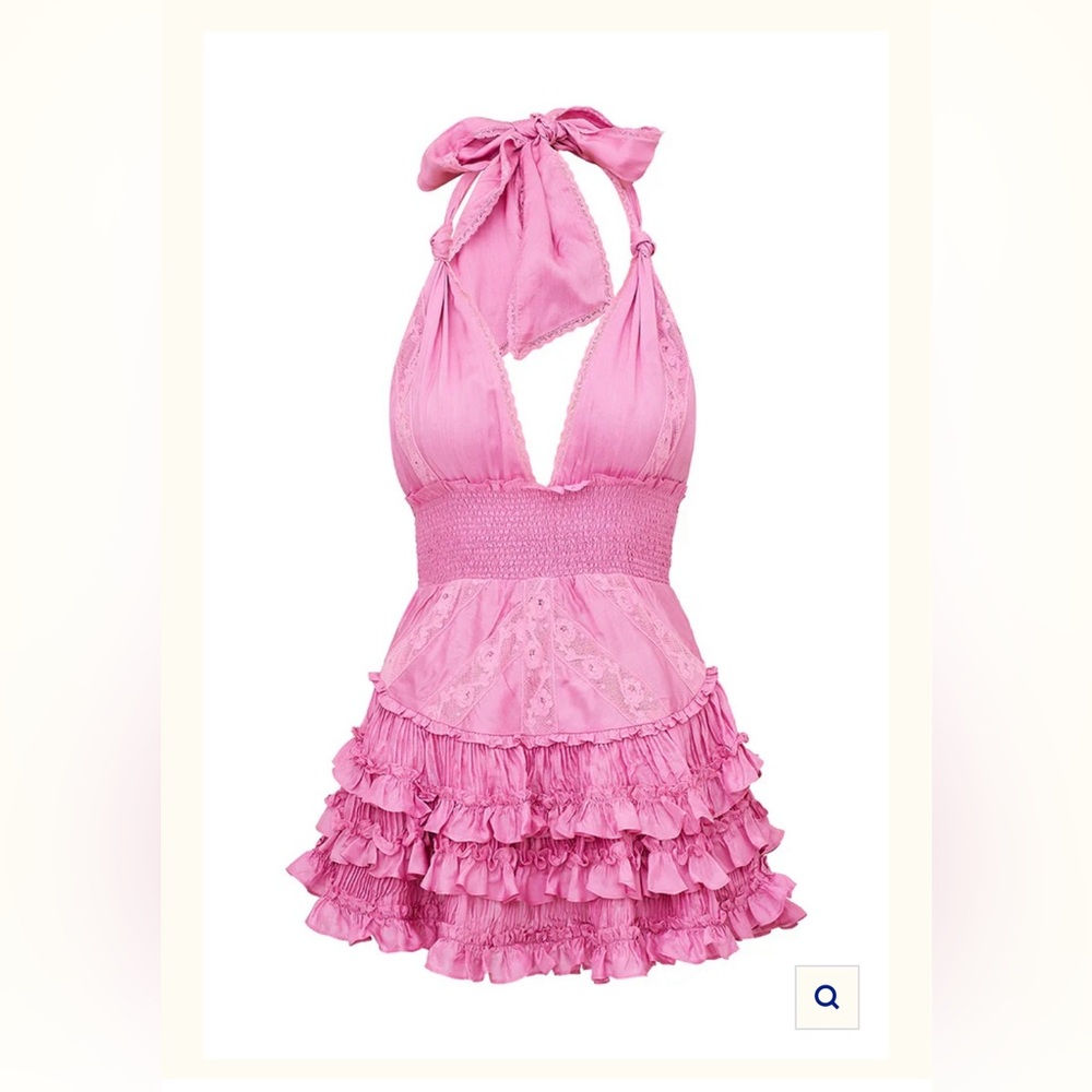 Love Shack Fancy- Quintelle Ruffle Halter Mini Dress- Tulip Pink - Picture 8 of 13